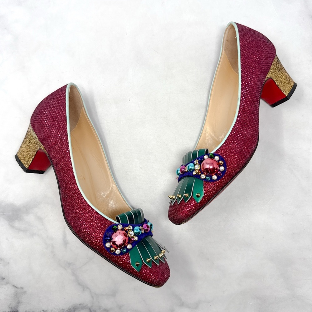 Christian Louboutin Oaxacana 45 Glitter Studded Fringe Heeled Loafer Flat Shoes - Picture 2 of 16